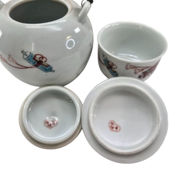 Vintage Chinese Porcelain Teapot & Lidded Bowl Set Bird Motif Wooden Box JE257 - Picture 5 of 10